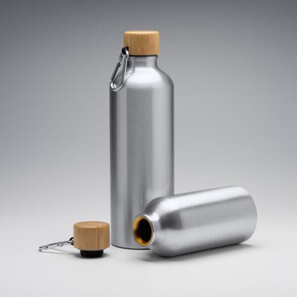 Aluminium bottle with carabiner and bamboo lid Thumbnail